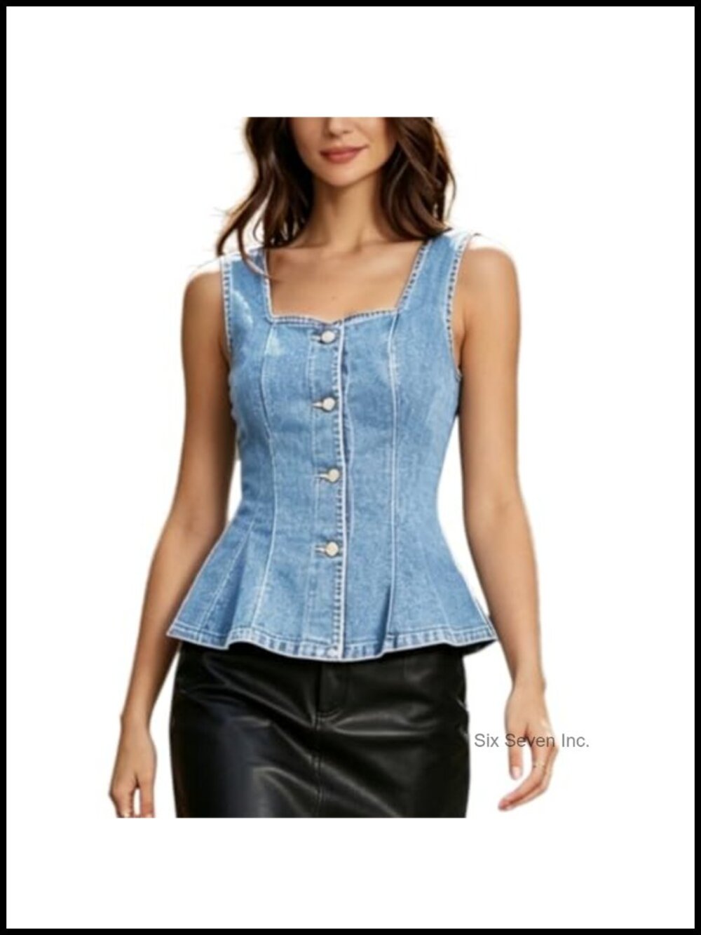 Fitted Denim Corset Tank Top Peplum Square Neck Stretch Jean Vest